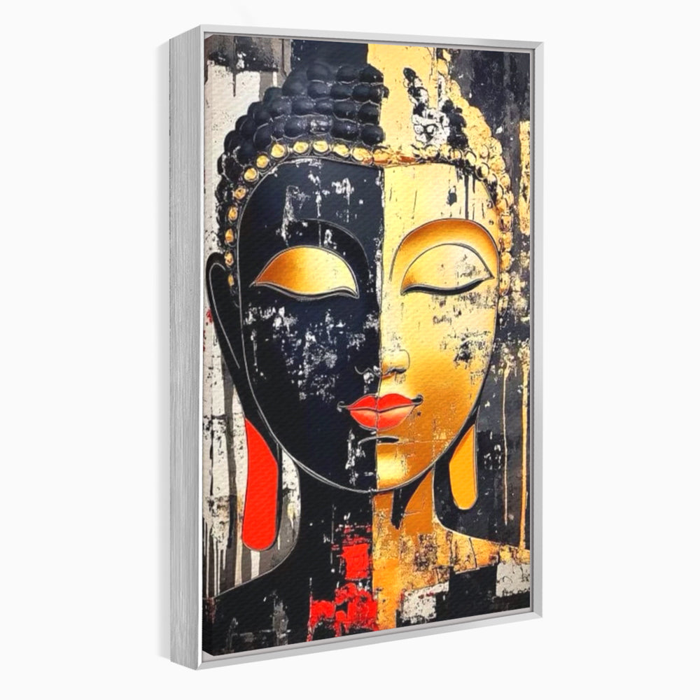 Tablou canvas cu tablou canvas cu chipul lui buddha, in rama de aluminiu argintiu